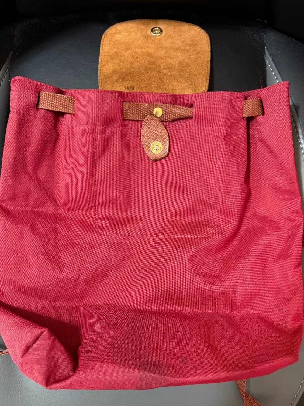 Longchamp Le Pliage Red Nylon Foldable Backpack Brown Leather Trim